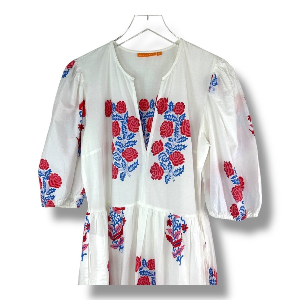 OLIPHANT Puff Maxi Dress Verna Red Blue Floral Tiered Skirt Puff Sleeve Cotton - Picture 4 of 16